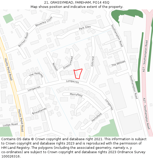 21, GRASSYMEAD, FAREHAM, PO14 4SQ: Location map and indicative extent of plot