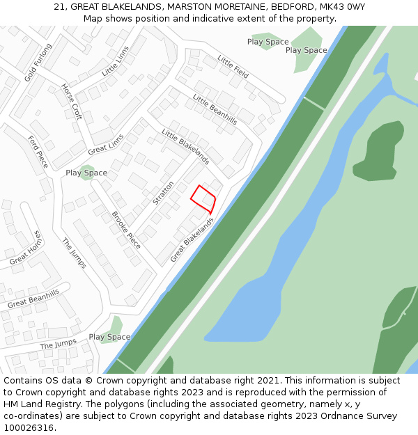 21, GREAT BLAKELANDS, MARSTON MORETAINE, BEDFORD, MK43 0WY: Location map and indicative extent of plot