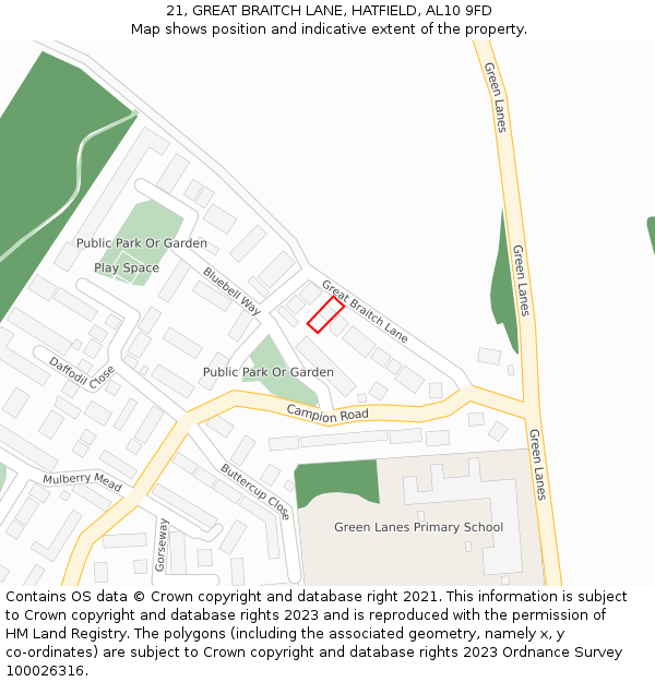 21, GREAT BRAITCH LANE, HATFIELD, AL10 9FD: Location map and indicative extent of plot