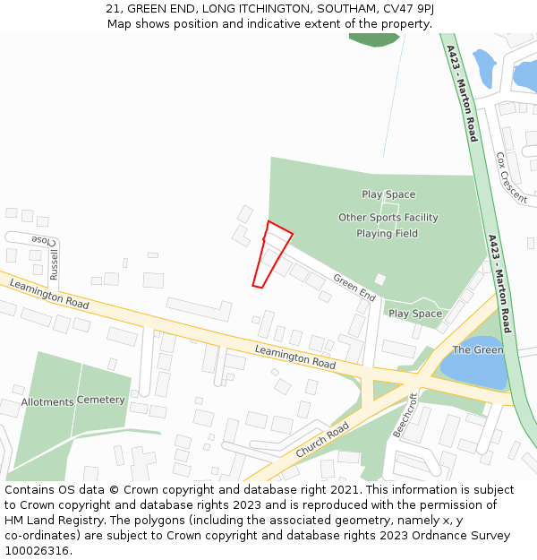 21, GREEN END, LONG ITCHINGTON, SOUTHAM, CV47 9PJ: Location map and indicative extent of plot