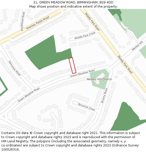 21, GREEN MEADOW ROAD, BIRMINGHAM, B29 4DD: Location map and indicative extent of plot