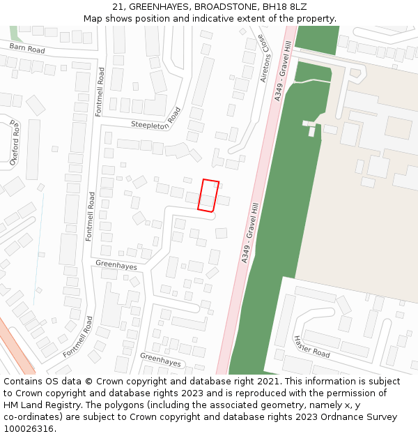 21, GREENHAYES, BROADSTONE, BH18 8LZ: Location map and indicative extent of plot