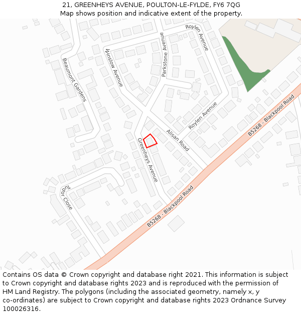 21, GREENHEYS AVENUE, POULTON-LE-FYLDE, FY6 7QG: Location map and indicative extent of plot