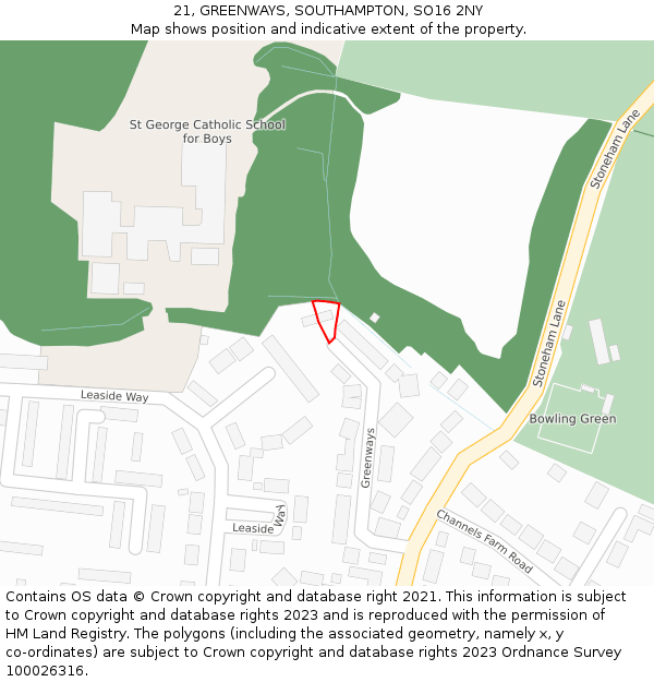 21, GREENWAYS, SOUTHAMPTON, SO16 2NY: Location map and indicative extent of plot