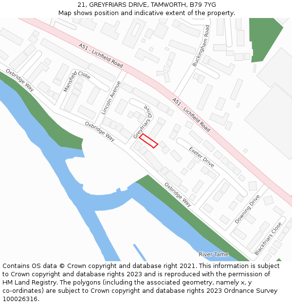 21, GREYFRIARS DRIVE, TAMWORTH, B79 7YG: Location map and indicative extent of plot