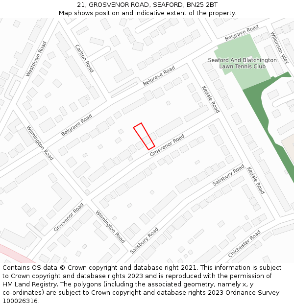 21, GROSVENOR ROAD, SEAFORD, BN25 2BT: Location map and indicative extent of plot