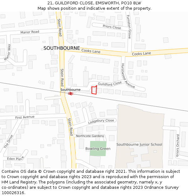 21, GUILDFORD CLOSE, EMSWORTH, PO10 8LW: Location map and indicative extent of plot