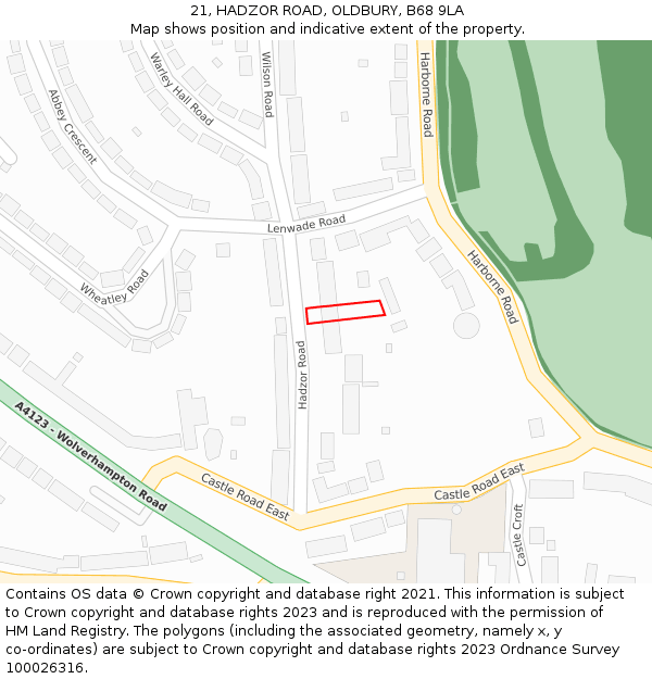 21, HADZOR ROAD, OLDBURY, B68 9LA: Location map and indicative extent of plot