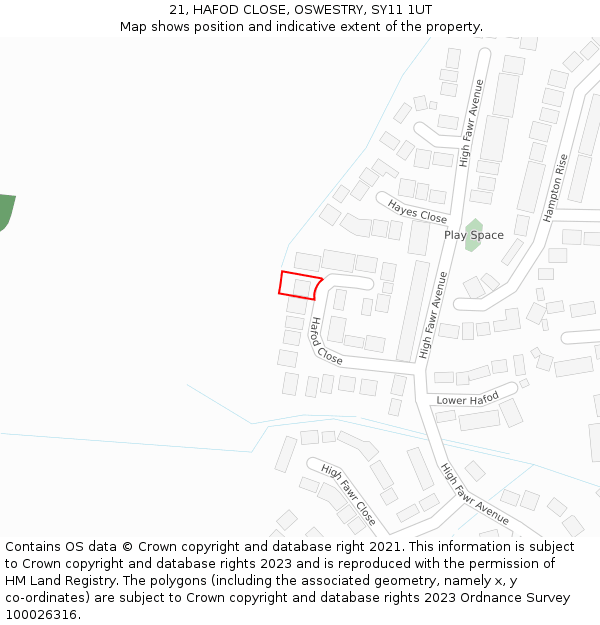 21, HAFOD CLOSE, OSWESTRY, SY11 1UT: Location map and indicative extent of plot