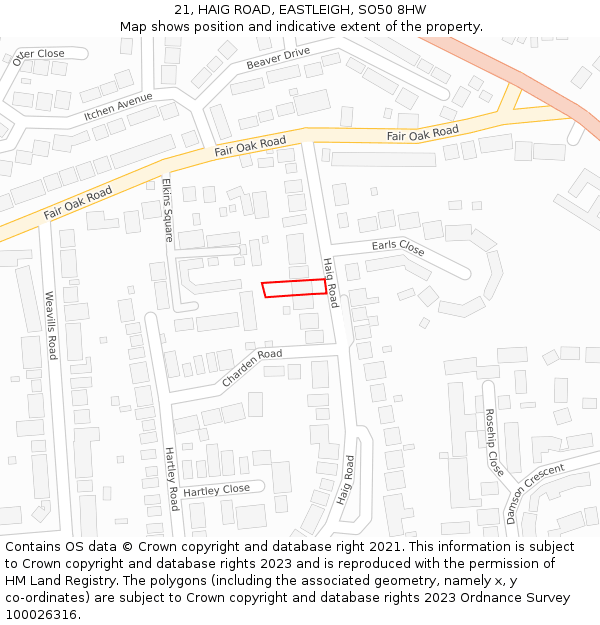 21, HAIG ROAD, EASTLEIGH, SO50 8HW: Location map and indicative extent of plot