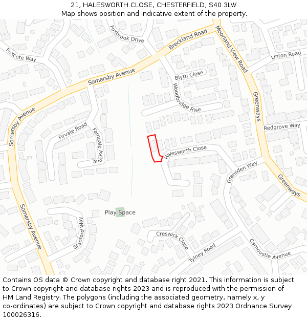 21, HALESWORTH CLOSE, CHESTERFIELD, S40 3LW: Location map and indicative extent of plot