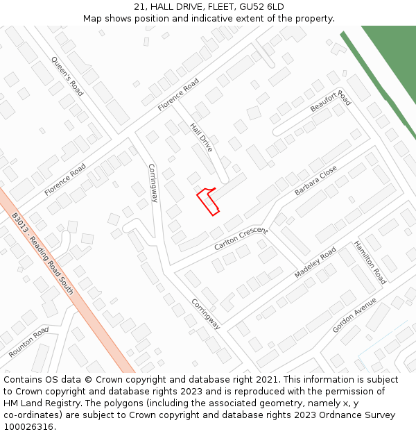 21, HALL DRIVE, FLEET, GU52 6LD: Location map and indicative extent of plot