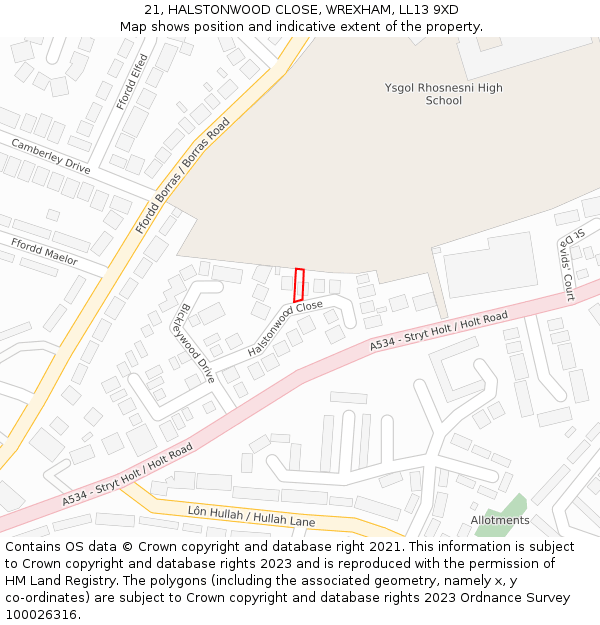 21, HALSTONWOOD CLOSE, WREXHAM, LL13 9XD: Location map and indicative extent of plot