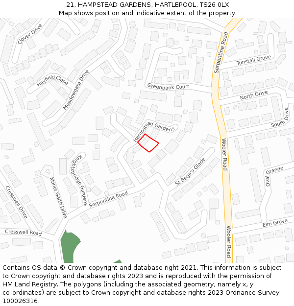 21, HAMPSTEAD GARDENS, HARTLEPOOL, TS26 0LX: Location map and indicative extent of plot