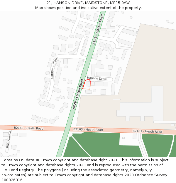 21, HANSON DRIVE, MAIDSTONE, ME15 0AW: Location map and indicative extent of plot