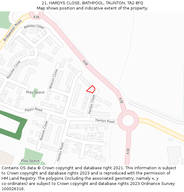 21, HARDYS CLOSE, BATHPOOL, TAUNTON, TA2 8FQ: Location map and indicative extent of plot