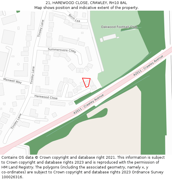21, HAREWOOD CLOSE, CRAWLEY, RH10 8AL: Location map and indicative extent of plot