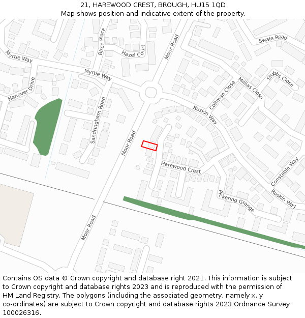 21, HAREWOOD CREST, BROUGH, HU15 1QD: Location map and indicative extent of plot