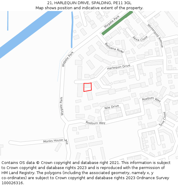 21, HARLEQUIN DRIVE, SPALDING, PE11 3GL: Location map and indicative extent of plot