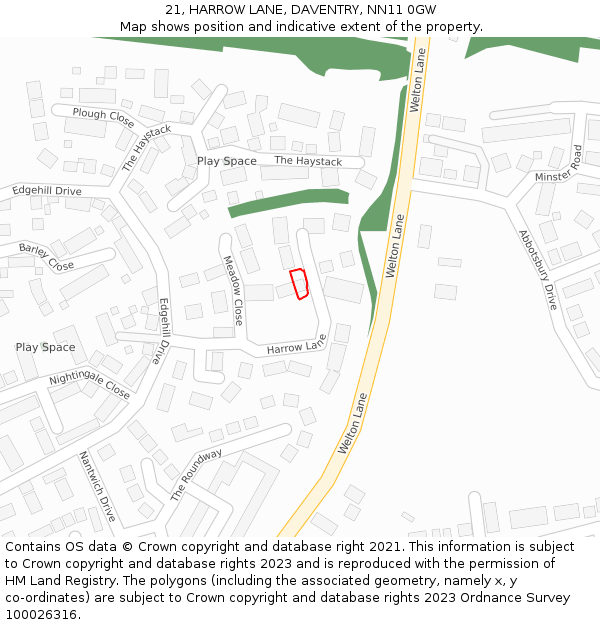 21, HARROW LANE, DAVENTRY, NN11 0GW: Location map and indicative extent of plot