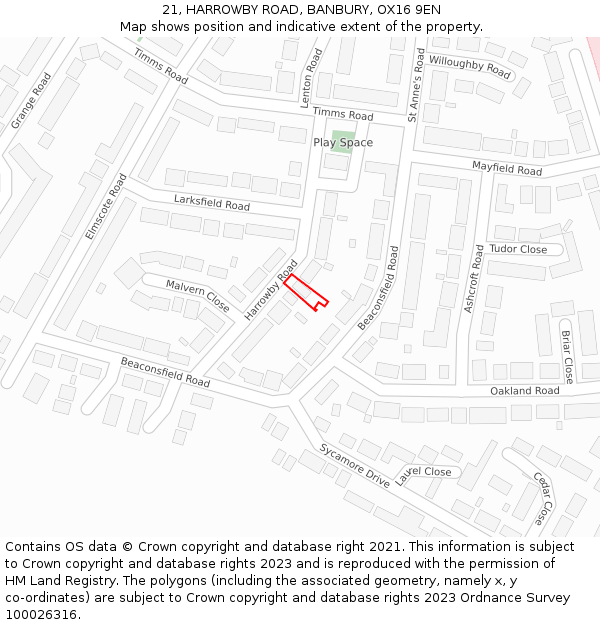 21, HARROWBY ROAD, BANBURY, OX16 9EN: Location map and indicative extent of plot