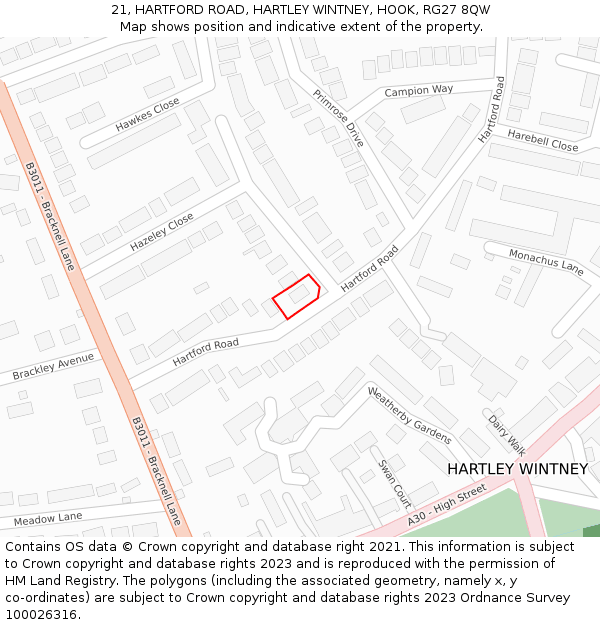 21, HARTFORD ROAD, HARTLEY WINTNEY, HOOK, RG27 8QW: Location map and indicative extent of plot