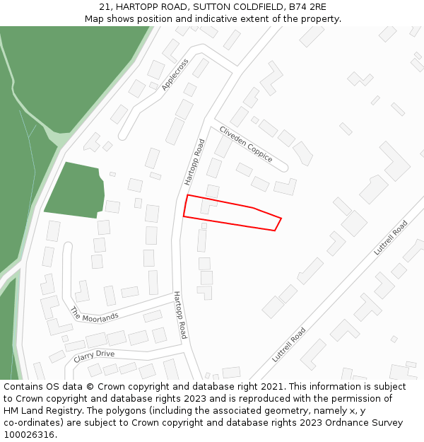 21, HARTOPP ROAD, SUTTON COLDFIELD, B74 2RE: Location map and indicative extent of plot