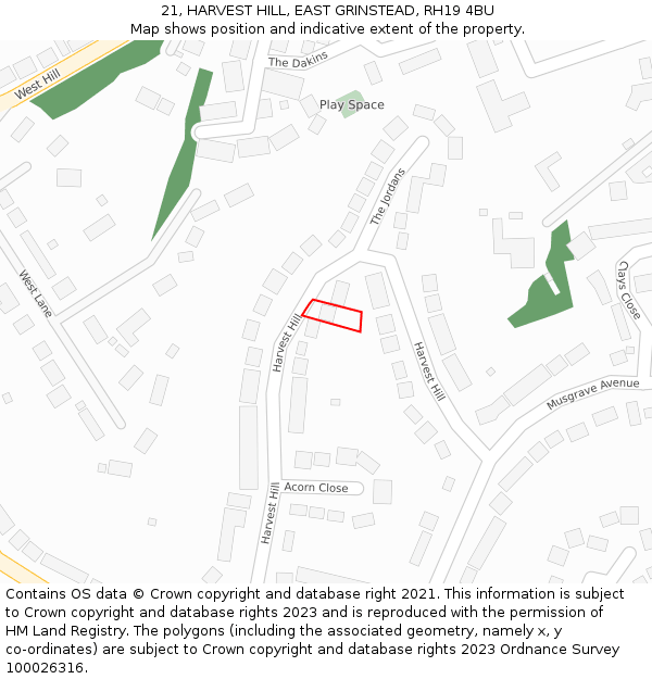 21, HARVEST HILL, EAST GRINSTEAD, RH19 4BU: Location map and indicative extent of plot