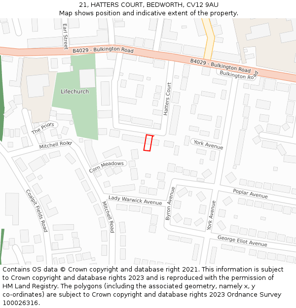 21, HATTERS COURT, BEDWORTH, CV12 9AU: Location map and indicative extent of plot