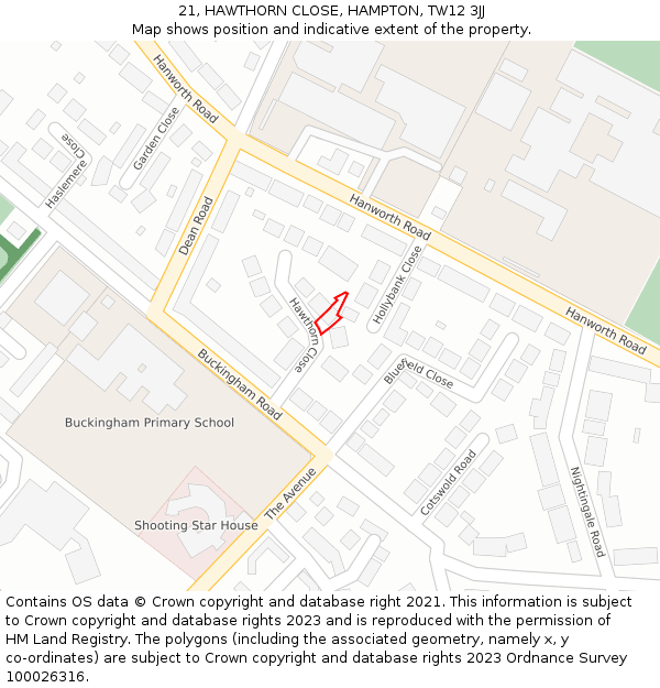 21, HAWTHORN CLOSE, HAMPTON, TW12 3JJ: Location map and indicative extent of plot