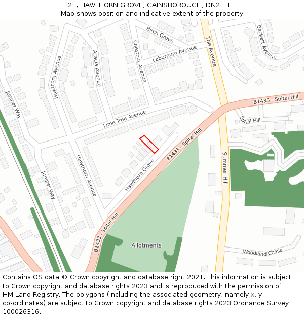 21, HAWTHORN GROVE, GAINSBOROUGH, DN21 1EF: Location map and indicative extent of plot