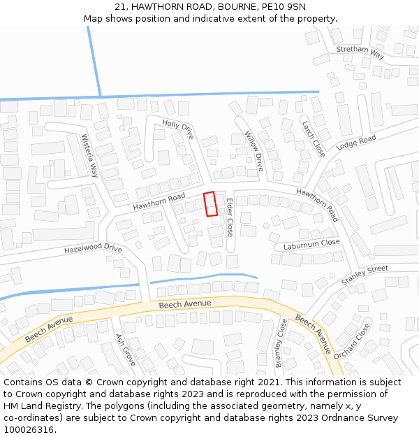 21, HAWTHORN ROAD, BOURNE, PE10 9SN: Location map and indicative extent of plot