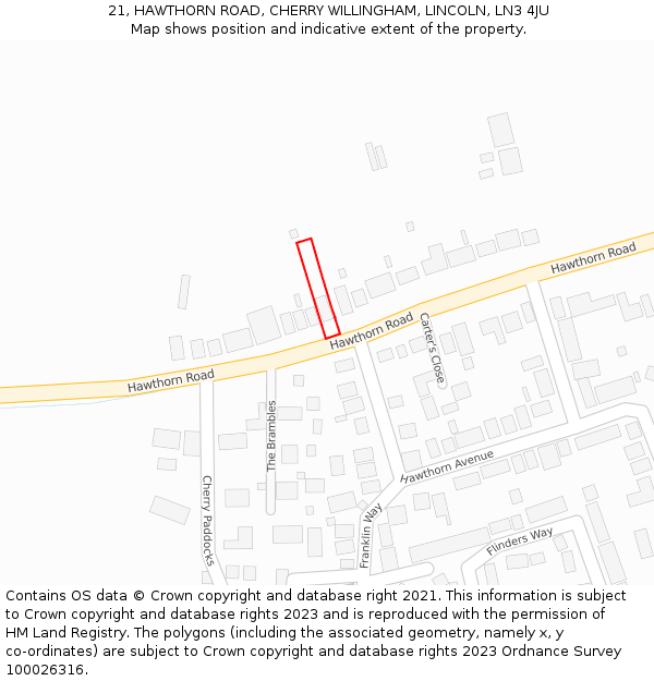 21, HAWTHORN ROAD, CHERRY WILLINGHAM, LINCOLN, LN3 4JU: Location map and indicative extent of plot