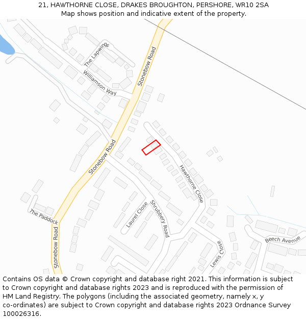 21, HAWTHORNE CLOSE, DRAKES BROUGHTON, PERSHORE, WR10 2SA: Location map and indicative extent of plot