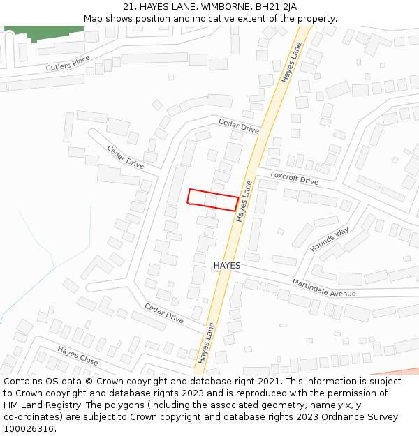 21, HAYES LANE, WIMBORNE, BH21 2JA: Location map and indicative extent of plot