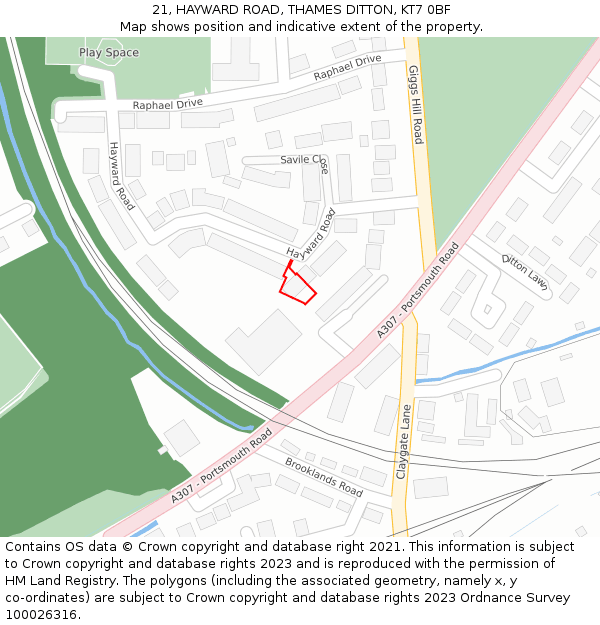 21, HAYWARD ROAD, THAMES DITTON, KT7 0BF: Location map and indicative extent of plot