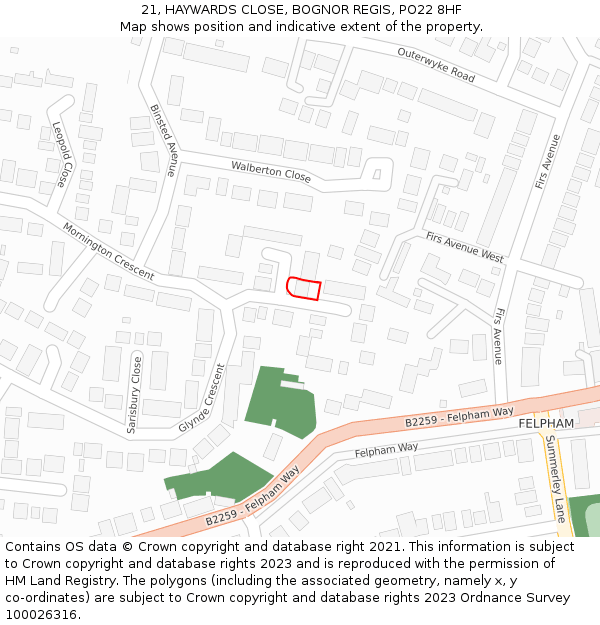 21, HAYWARDS CLOSE, BOGNOR REGIS, PO22 8HF: Location map and indicative extent of plot