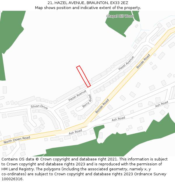 21, HAZEL AVENUE, BRAUNTON, EX33 2EZ: Location map and indicative extent of plot