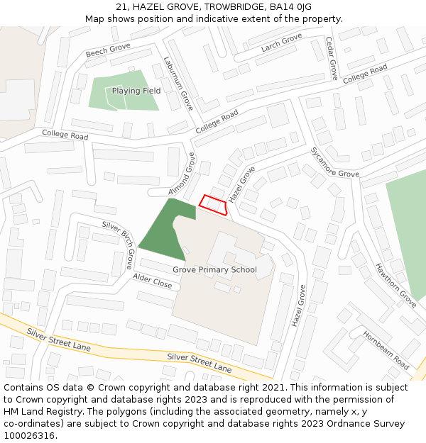 21, HAZEL GROVE, TROWBRIDGE, BA14 0JG: Location map and indicative extent of plot