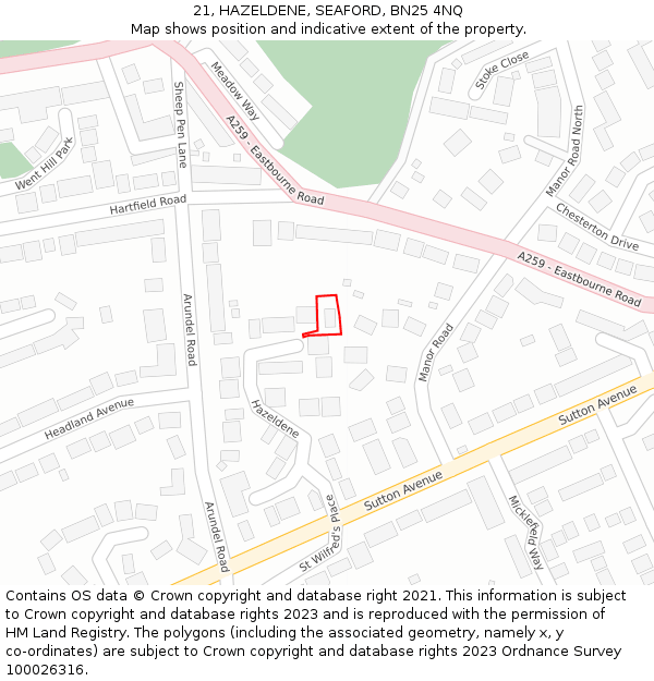 21, HAZELDENE, SEAFORD, BN25 4NQ: Location map and indicative extent of plot