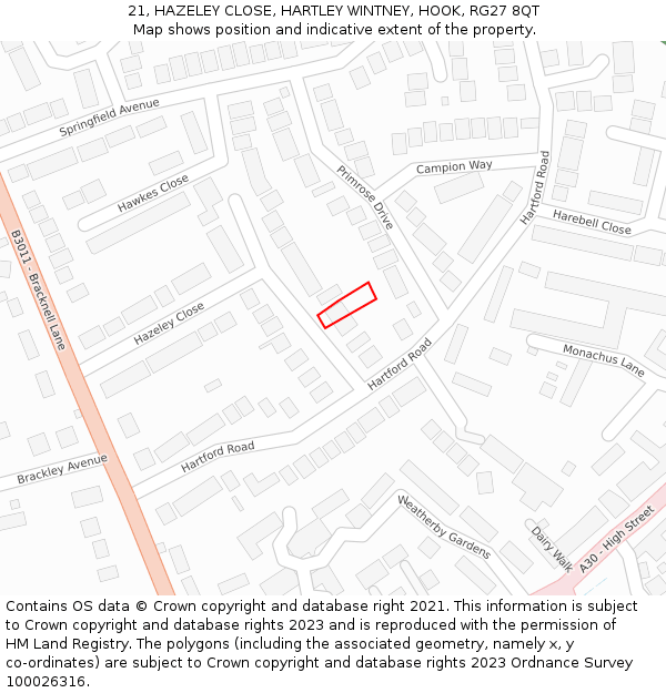 21, HAZELEY CLOSE, HARTLEY WINTNEY, HOOK, RG27 8QT: Location map and indicative extent of plot