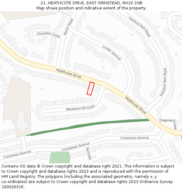 21, HEATHCOTE DRIVE, EAST GRINSTEAD, RH19 1NB: Location map and indicative extent of plot