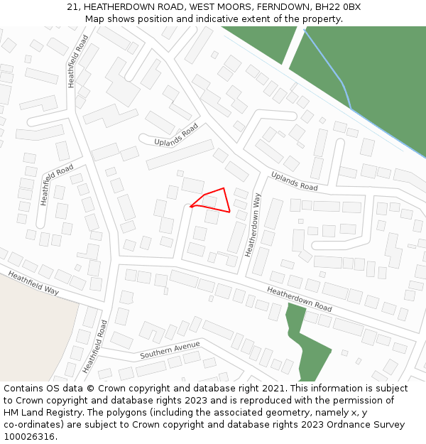 21, HEATHERDOWN ROAD, WEST MOORS, FERNDOWN, BH22 0BX: Location map and indicative extent of plot