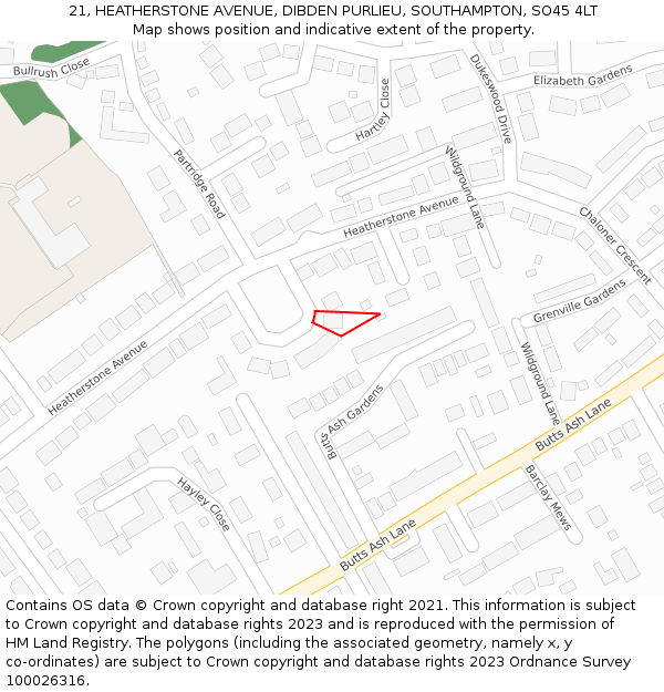 21, HEATHERSTONE AVENUE, DIBDEN PURLIEU, SOUTHAMPTON, SO45 4LT: Location map and indicative extent of plot