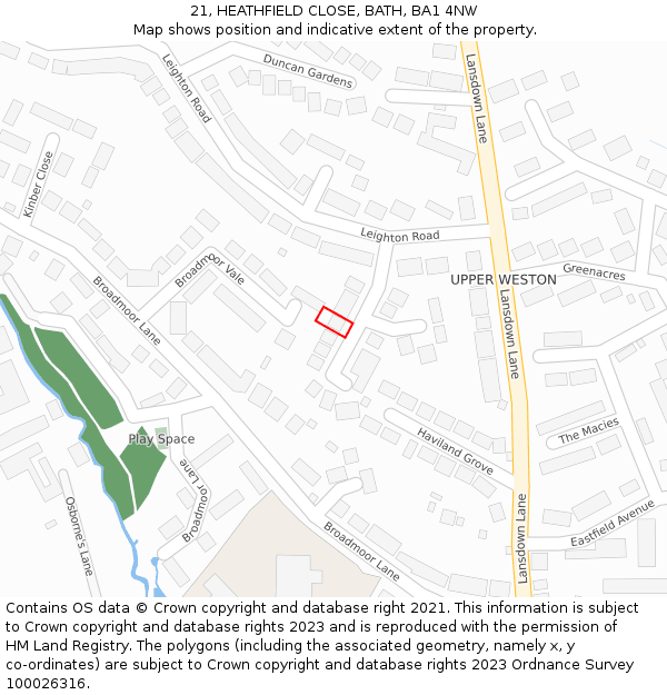 21, HEATHFIELD CLOSE, BATH, BA1 4NW: Location map and indicative extent of plot
