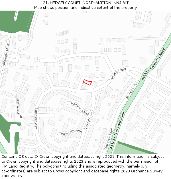 21, HEDGELY COURT, NORTHAMPTON, NN4 8LT: Location map and indicative extent of plot