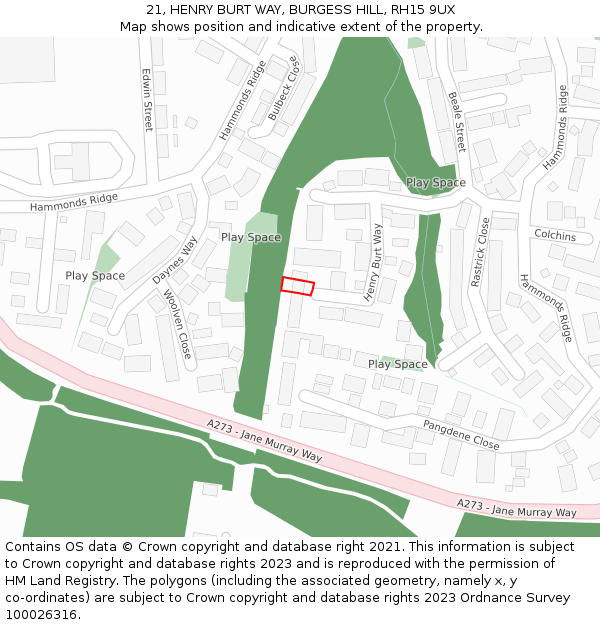 21, HENRY BURT WAY, BURGESS HILL, RH15 9UX: Location map and indicative extent of plot