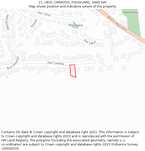 21, HEOL CARADOG, FISHGUARD, SA65 9AY: Location map and indicative extent of plot