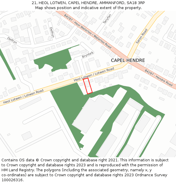 21, HEOL LOTWEN, CAPEL HENDRE, AMMANFORD, SA18 3RP: Location map and indicative extent of plot
