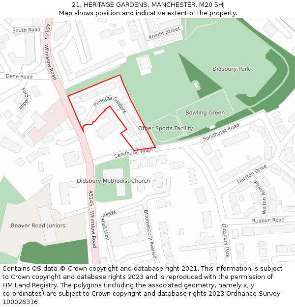 21, HERITAGE GARDENS, MANCHESTER, M20 5HJ: Location map and indicative extent of plot